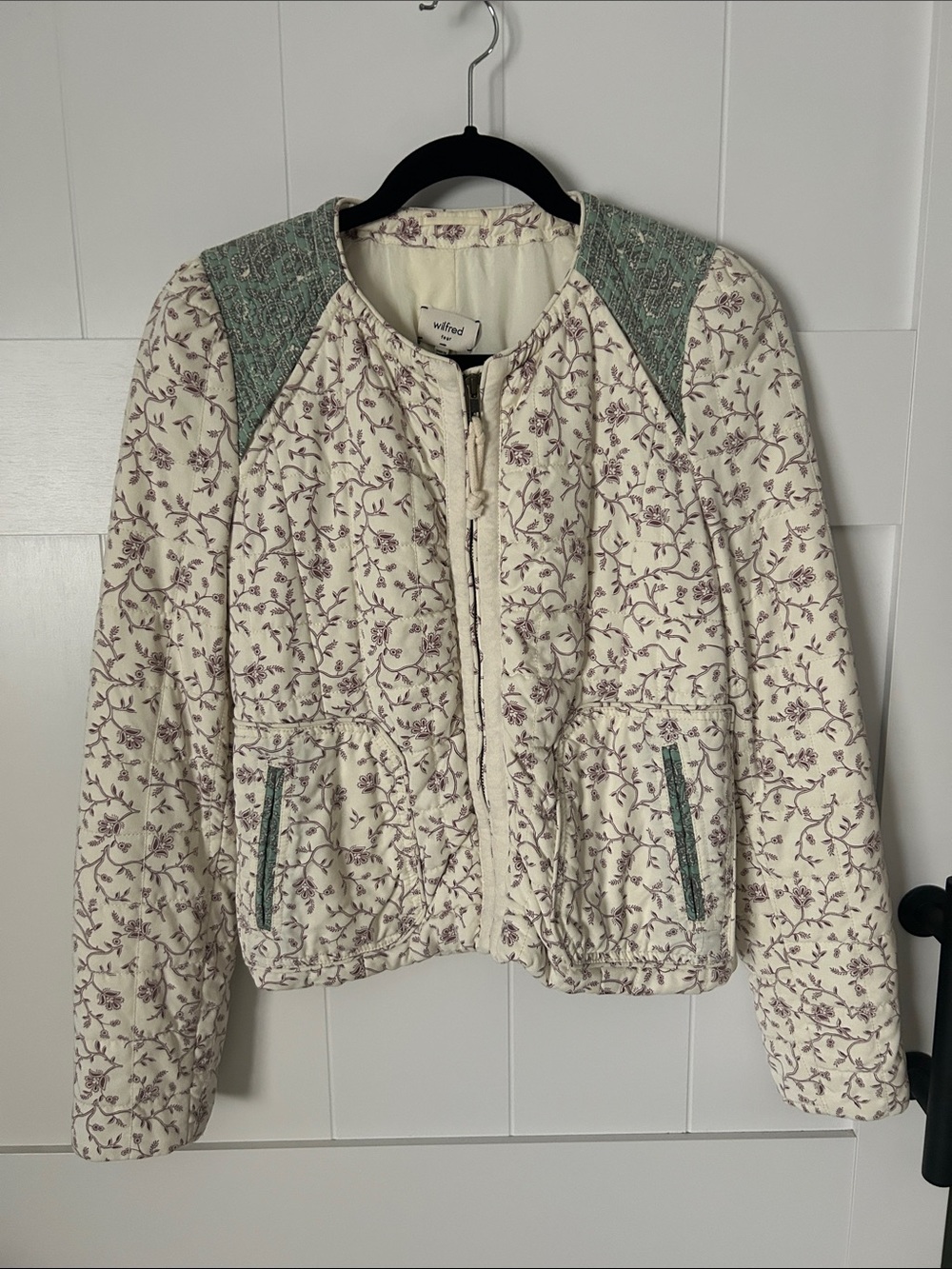 Wilfred Cream Quilted Jacket with Lavender Floral Print and Green Tweed Accents
